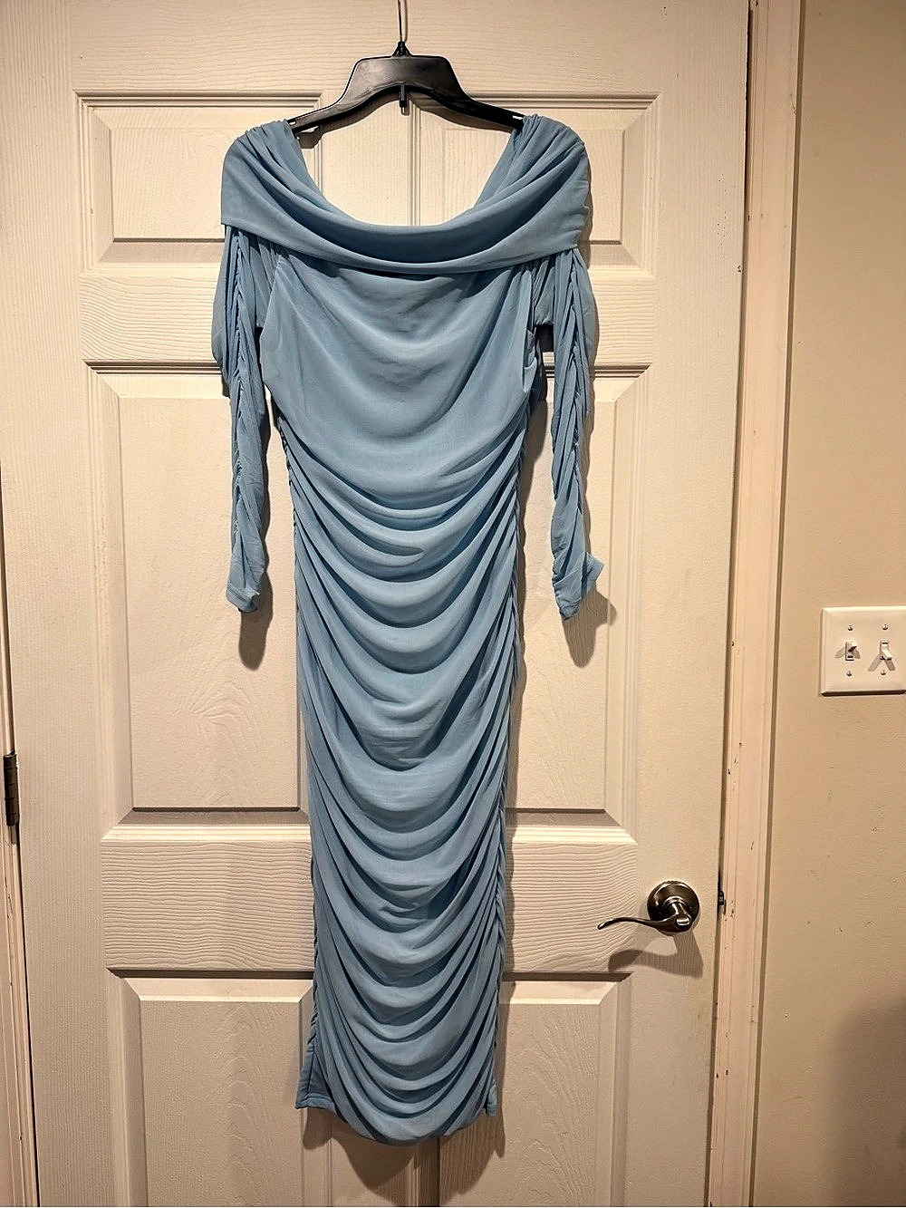 Draped Ruched Maxi Dress in Blue Like New